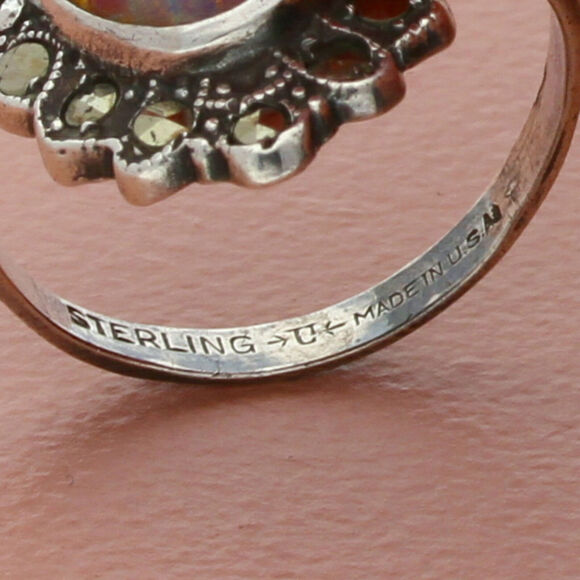 harlequin opal, sterling silver vintage art deco style marcasite  ring size 6.5 - Picture 3 of 4